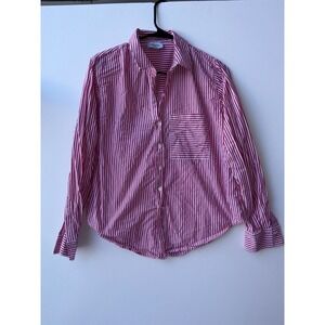 Evereve Cotton Striped Button Down Shirt Pink White Long Sleeve Pocket Top